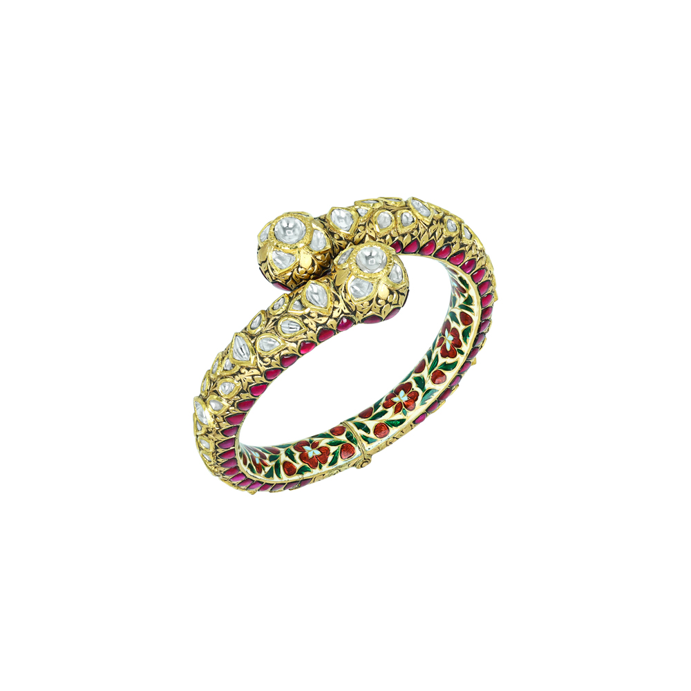 Floral Polki Cuff Bangle with Vibrant Enamel